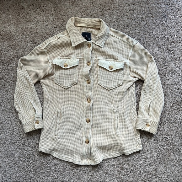 Bagatelle Collection Beige Sand Scout Waffle Knit Long Sleeve Button Down Small - Picture 3 of 14